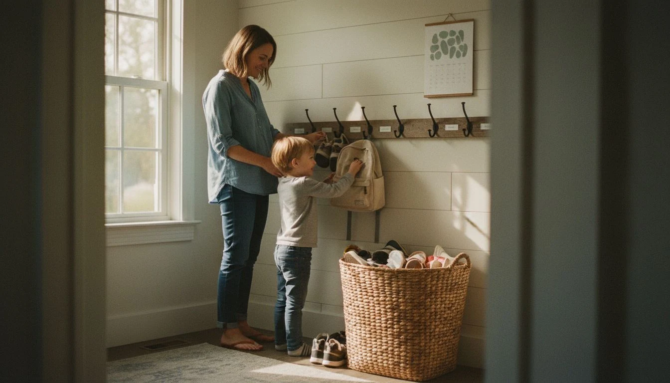 A mother and child hanging backpacks on entryway hooks beside a wall calendar during a back to school home reset, soft morning light