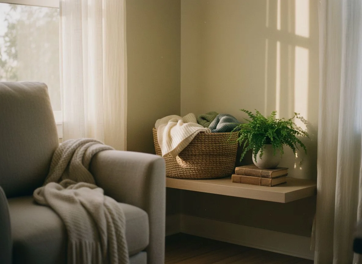 A calm, tidy living-room corner with folded blankets and a plant