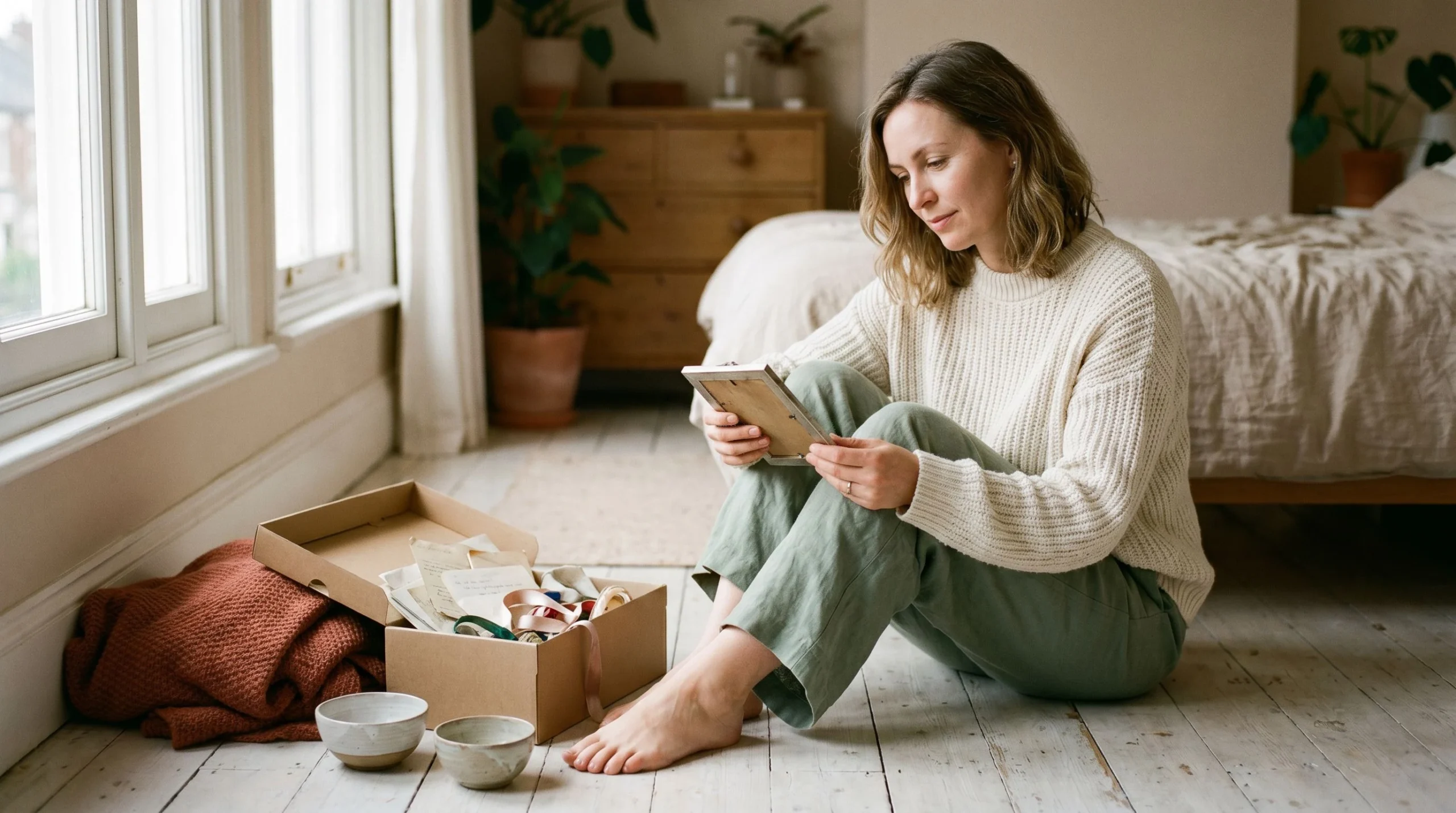 A woman sitting on the floor sorting sentimental keepsakes and a box of old photos in soft morning light, dealing with decluttering guilt