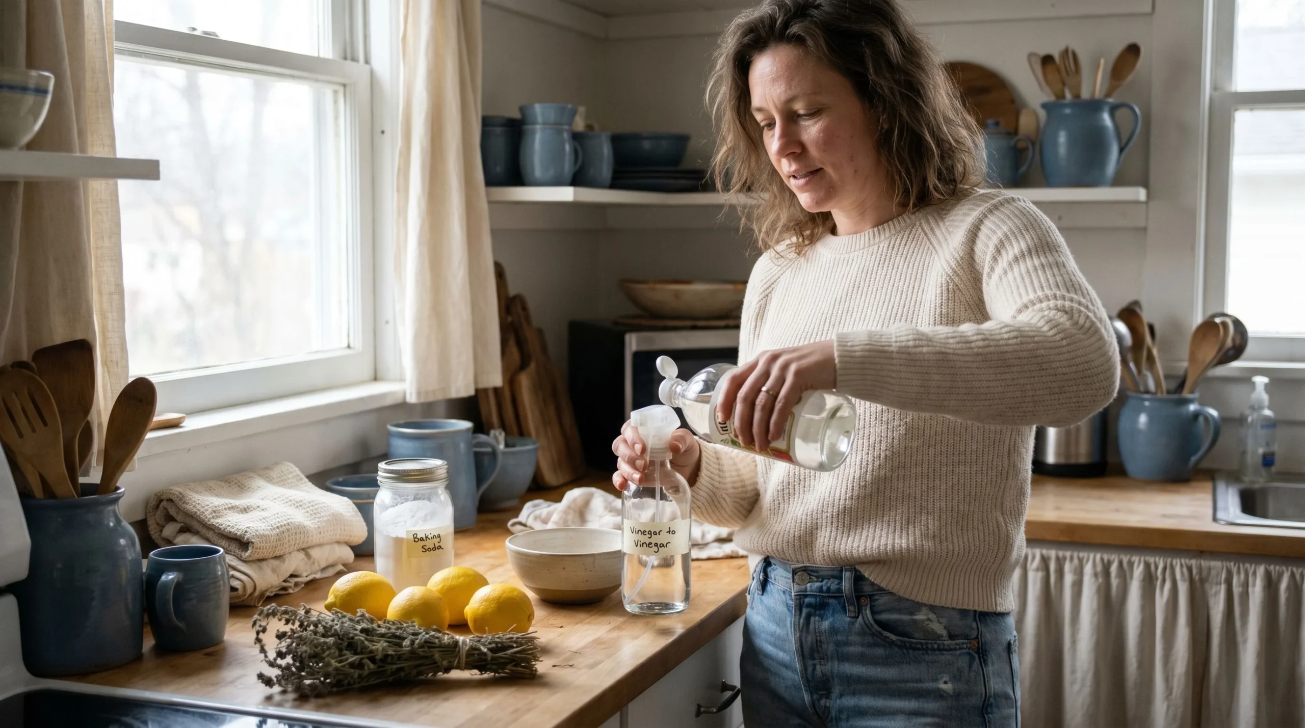 Homemade vinegar cleaning spray with lemon on a kitchen counter