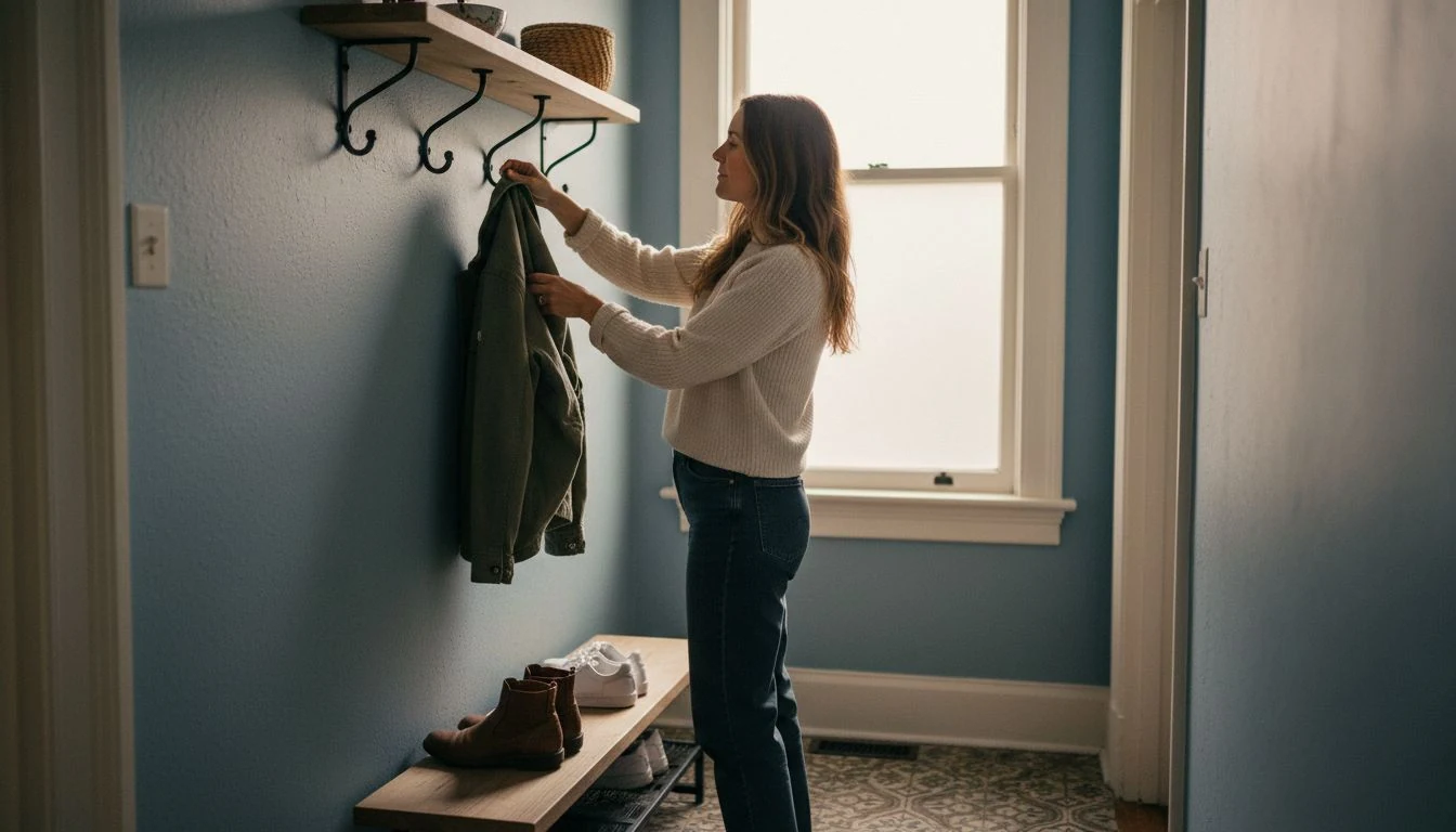 Entryway organization ideas: a woman hanging a coat on wall hooks above a shoe bench in a small calm entryway
