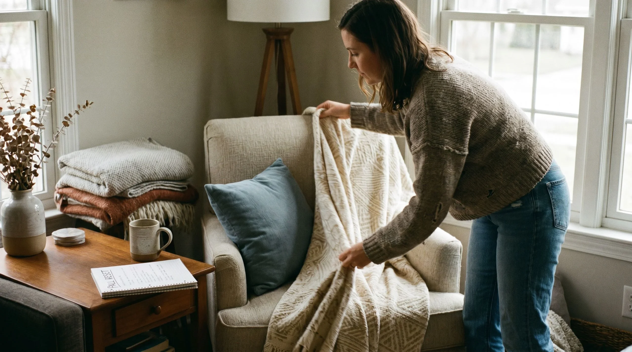 Autumn home reset with cozy throws and a checklist by a window