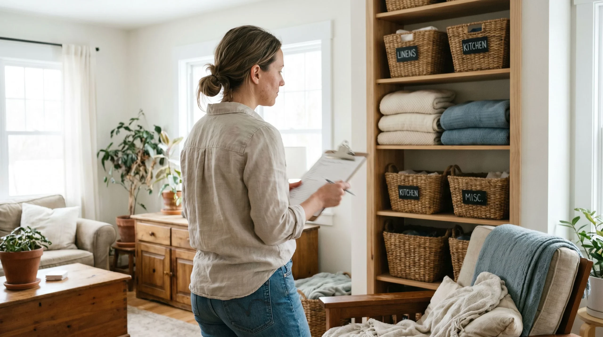Tidy organized home shelves with labeled baskets in dusty blue and cream