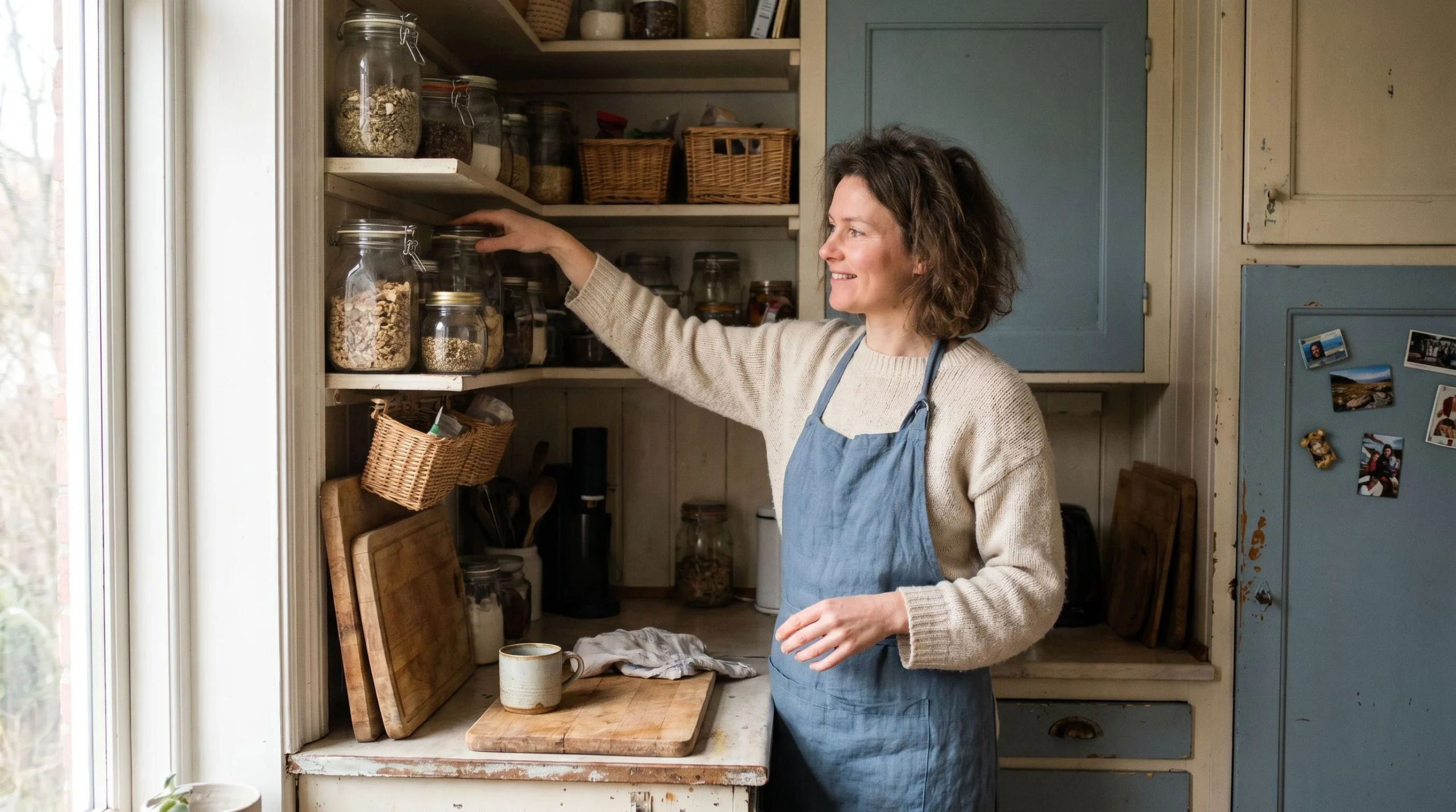 Woman organizing a small kitchen with jars and baskets on open shelves