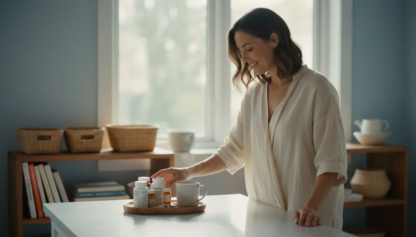 woman calmly using a kitchen counter tray to organize around your routine