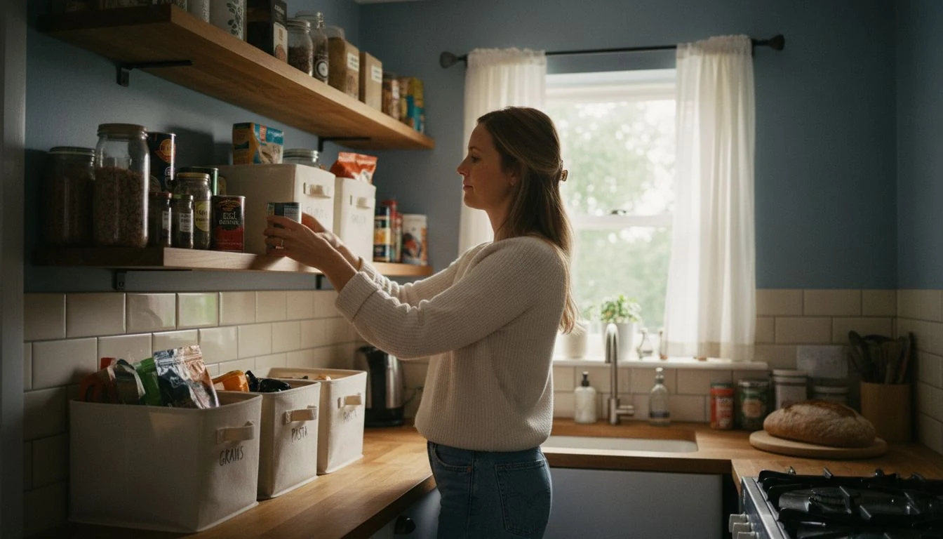pantry organization in a small rental kitchen with labeled bins and canned goods