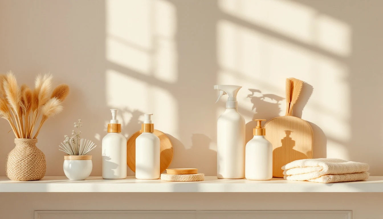 A neat row of plain unbranded cleaning product bottles and tools arranged on a warm-white shelf, tidy and curated,...