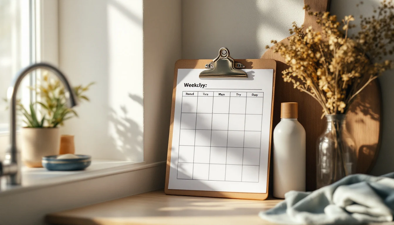 A blank weekly cleaning schedule on a clipboard on a tidy kitchen counter next to a plain spray bottle and a cloth,...