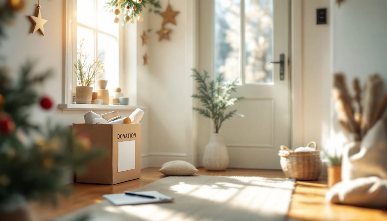 A tidy entryway being decluttered before the holidays, a small donation bin with a few items, a blank list and a...