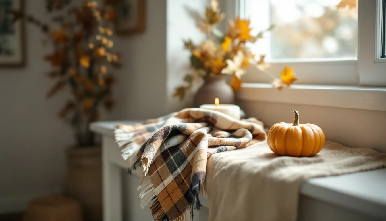 A cozy autumn home reset scene: a neatly folded plaid throw, a blank checklist, a small pumpkin and a candle on a...