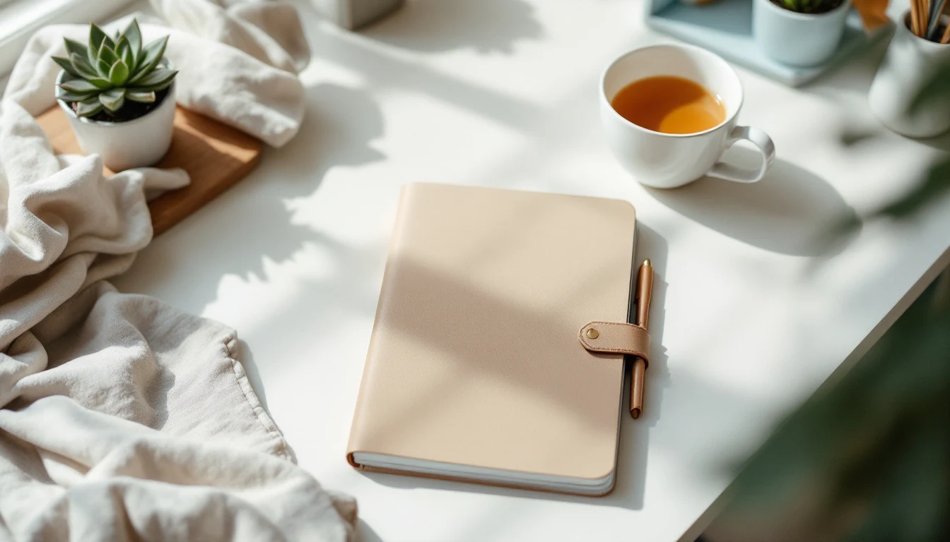 A fresh new-year home reset flat-lay: a blank planner, a cup of tea, a small plant and a folded linen cloth on a...