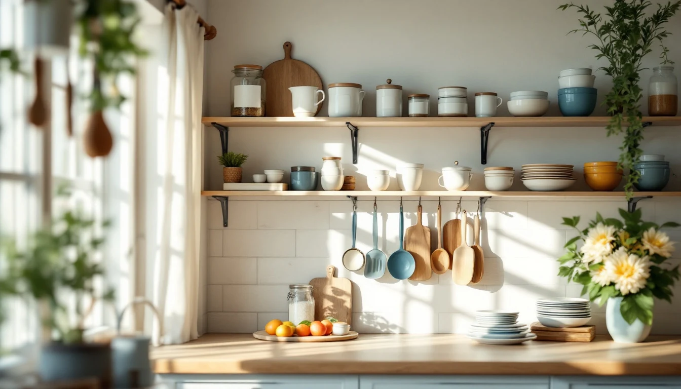 A small organized kitchen with tidy open shelves, plain labeled jars, hanging utensils and stacked bowls in a...