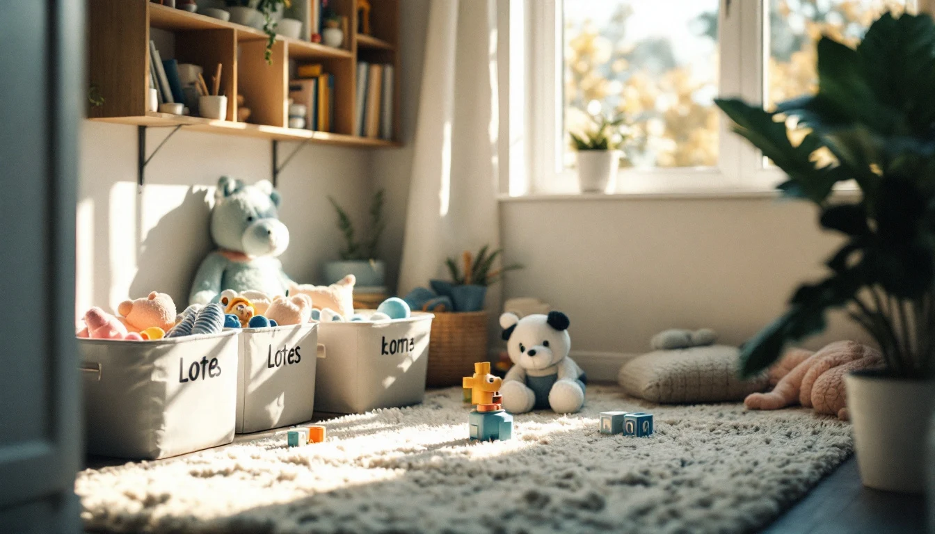 A tidy family playroom corner with low labeled bins of toys, a small bookshelf and a soft rug, warm-white and...