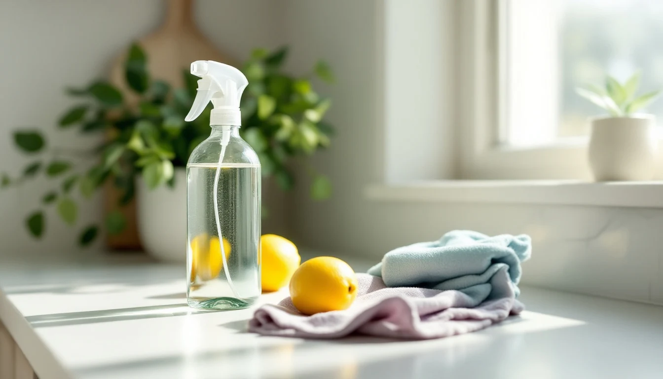 A glass spray bottle of clear homemade cleaner beside a bottle of white vinegar, a lemon and a microfiber cloth on a...