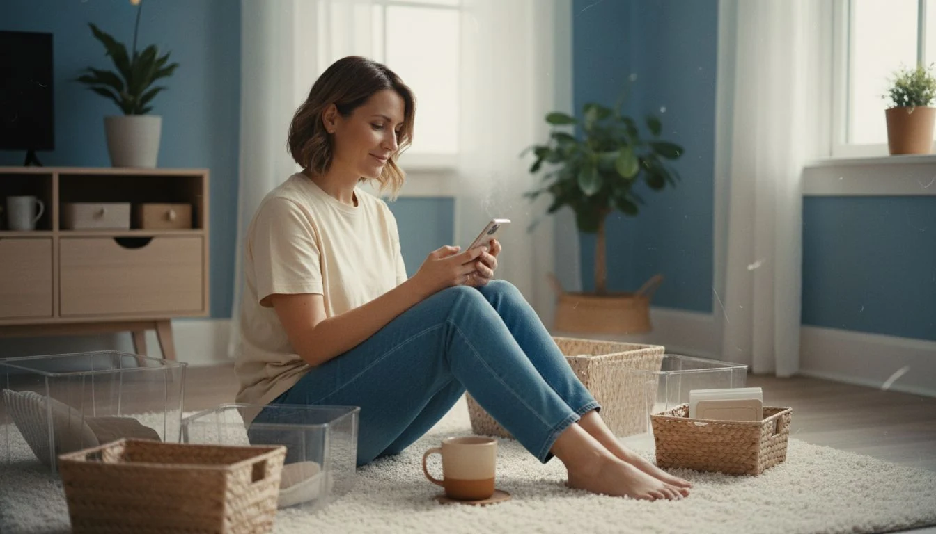 prime day organization deals: calm woman checking storage bin prices on her phone at home