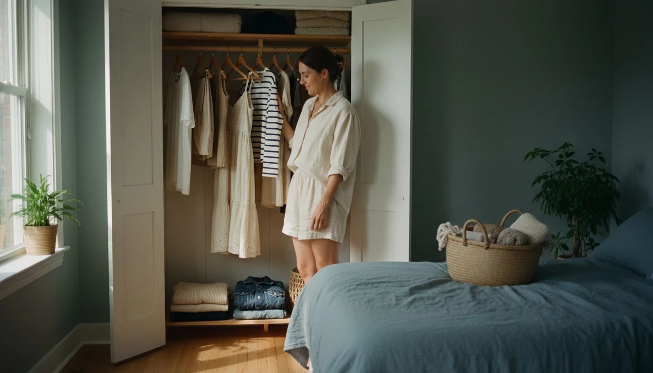 Summer capsule wardrobe of mix-and-match clothes on wooden hangers in a small bedroom closet
