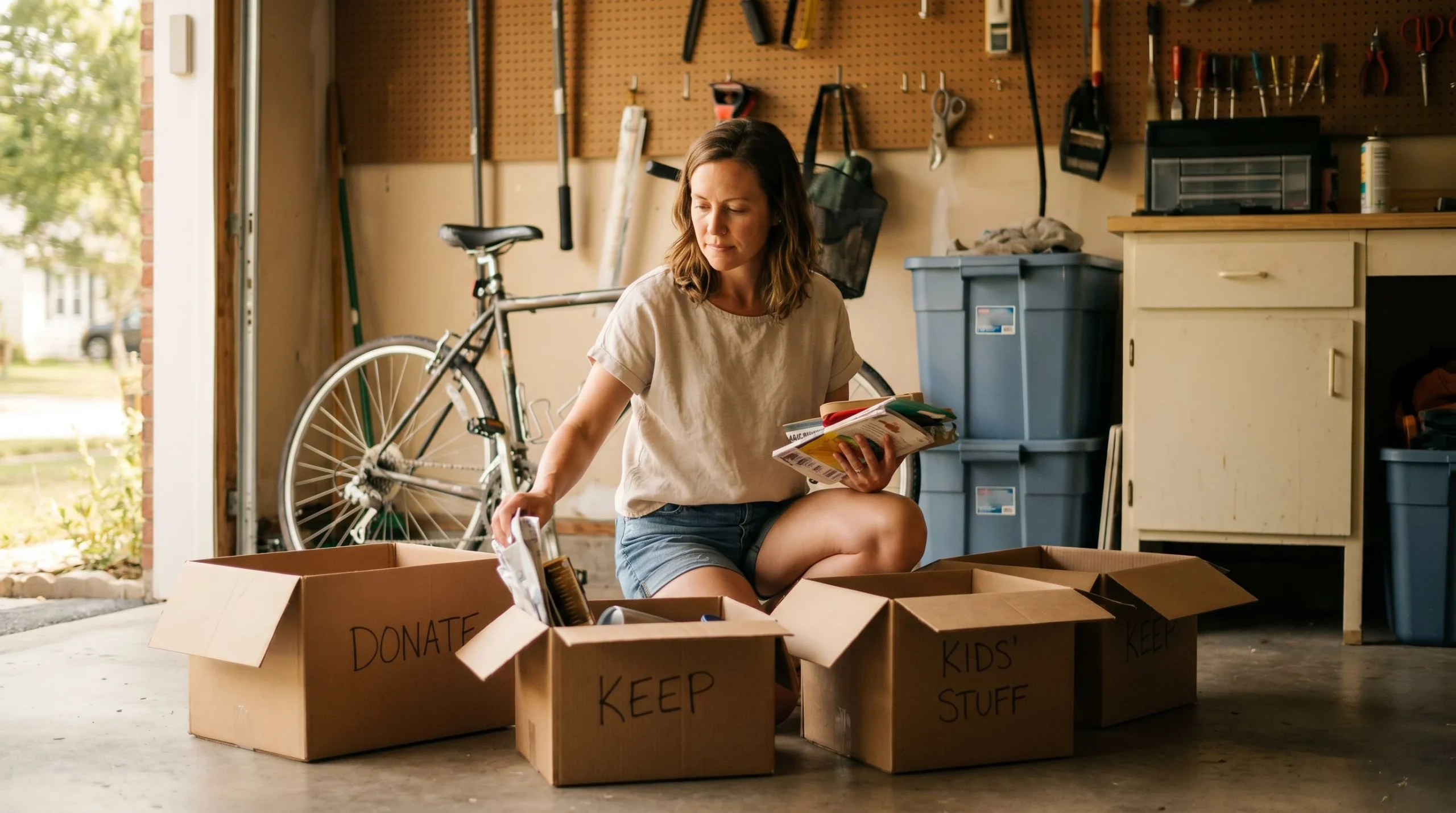 Summer garage reset in progress: a woman sorting labeled boxes in an organized garage on a bright summer morning