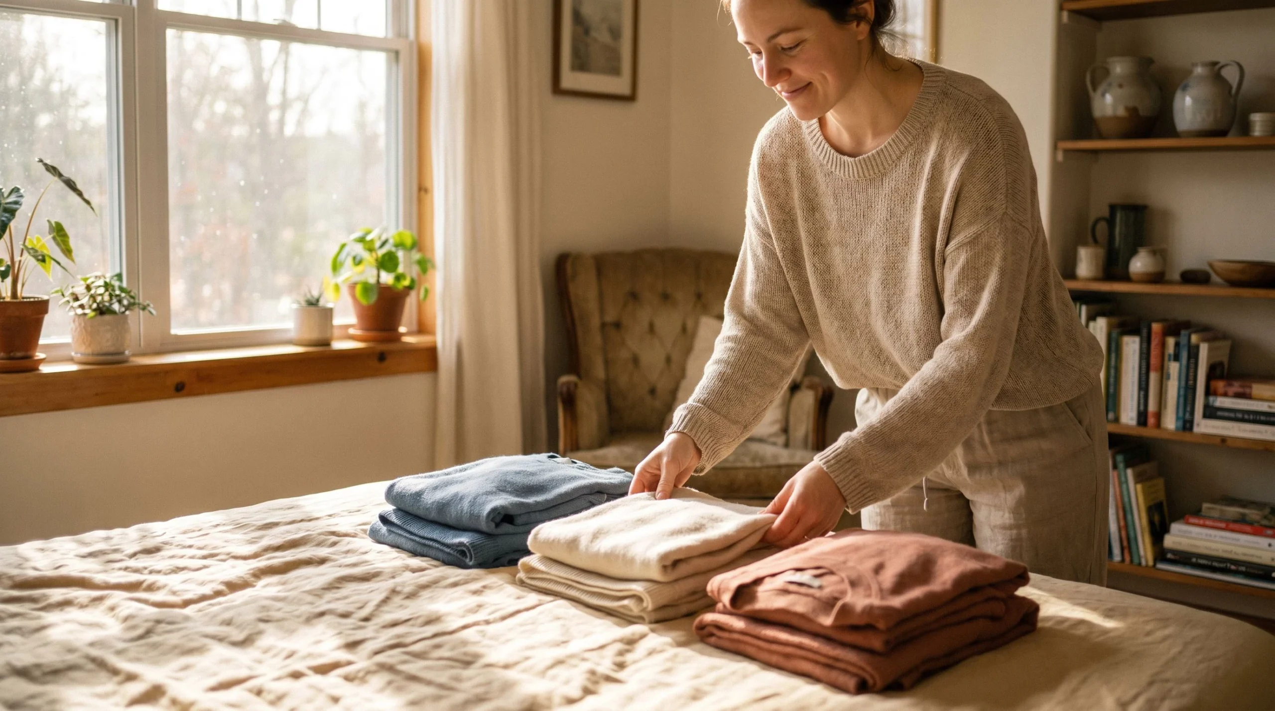 Sunday tidying: sorting clothes in a sunny bedroom