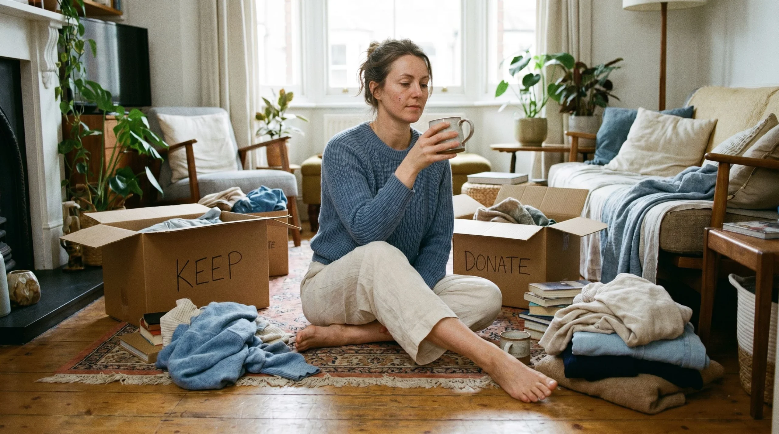 Woman sorting items into keep and donate boxes on the floor