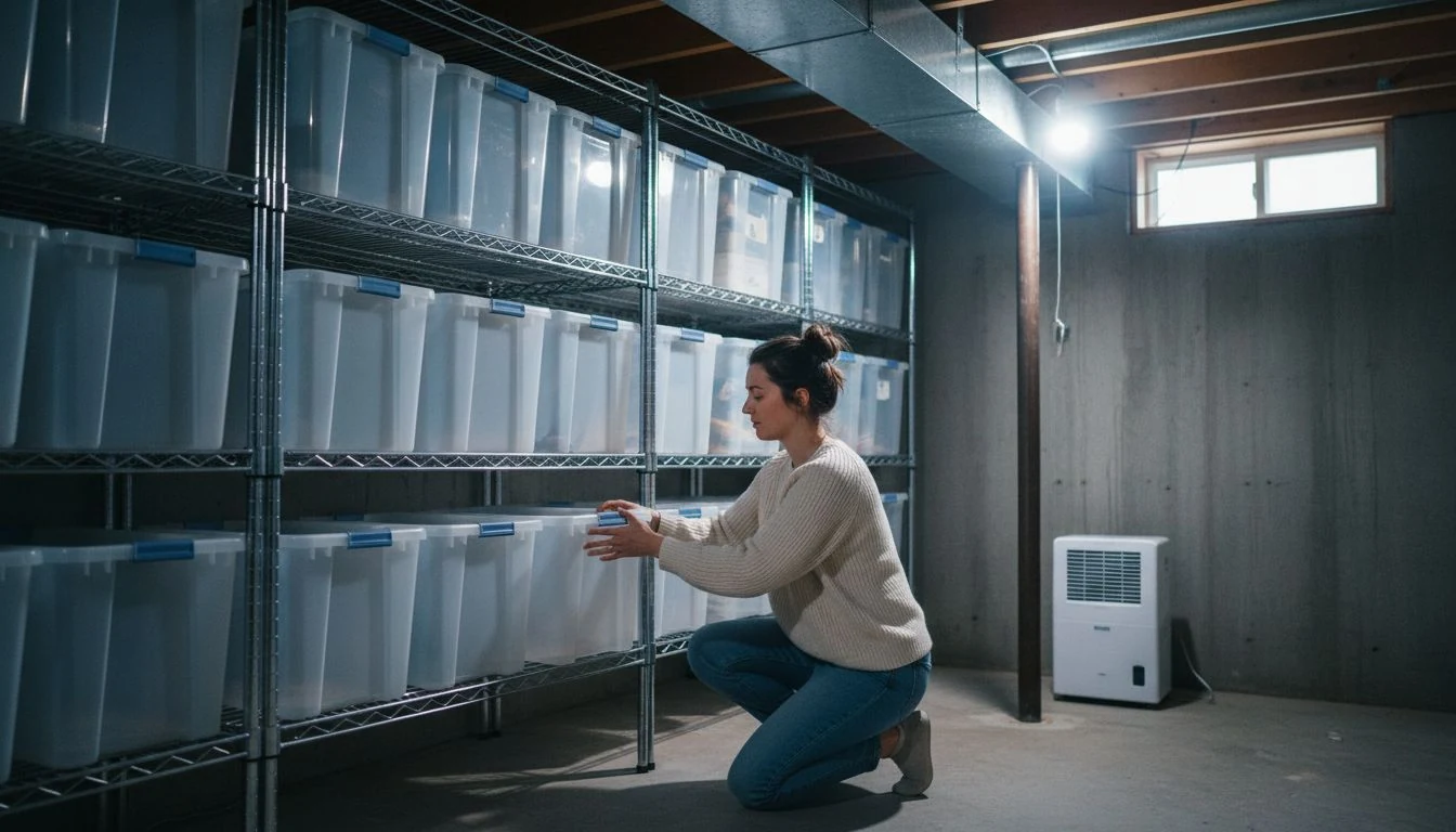 Basement organization ideas: a woman kneeling in a basement sliding a clear storage bin onto a wire shelf raised off the concrete floor, dehumidifier running in the corner - The Calm Roost