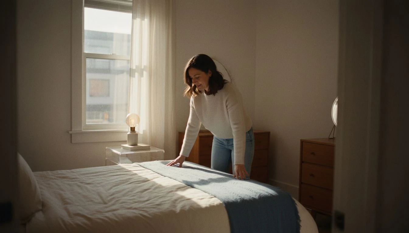 Bedroom organization ideas: a woman smoothing the blanket in a calm, tidy small bedroom with a clear nightstand