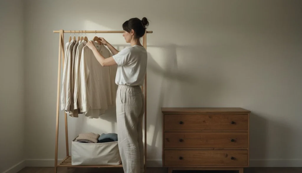 Clothes storage ideas for a room with no closet: a woman hanging a linen shirt on a freestanding wooden clothing rack beside a low three-drawer dresser, folded knits in a canvas bin below - The Calm Roost