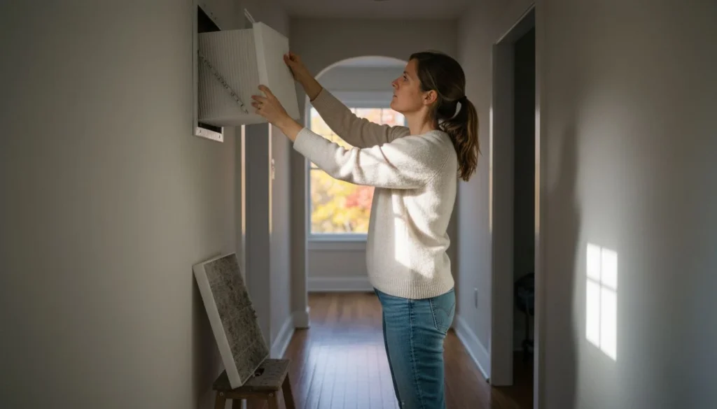 Fall cleaning checklist: a woman sliding a clean pleated furnace filter into a hallway return-air vent, the grey dust-caked old filter resting on a stool below, autumn leaves through the window - The Calm Roost