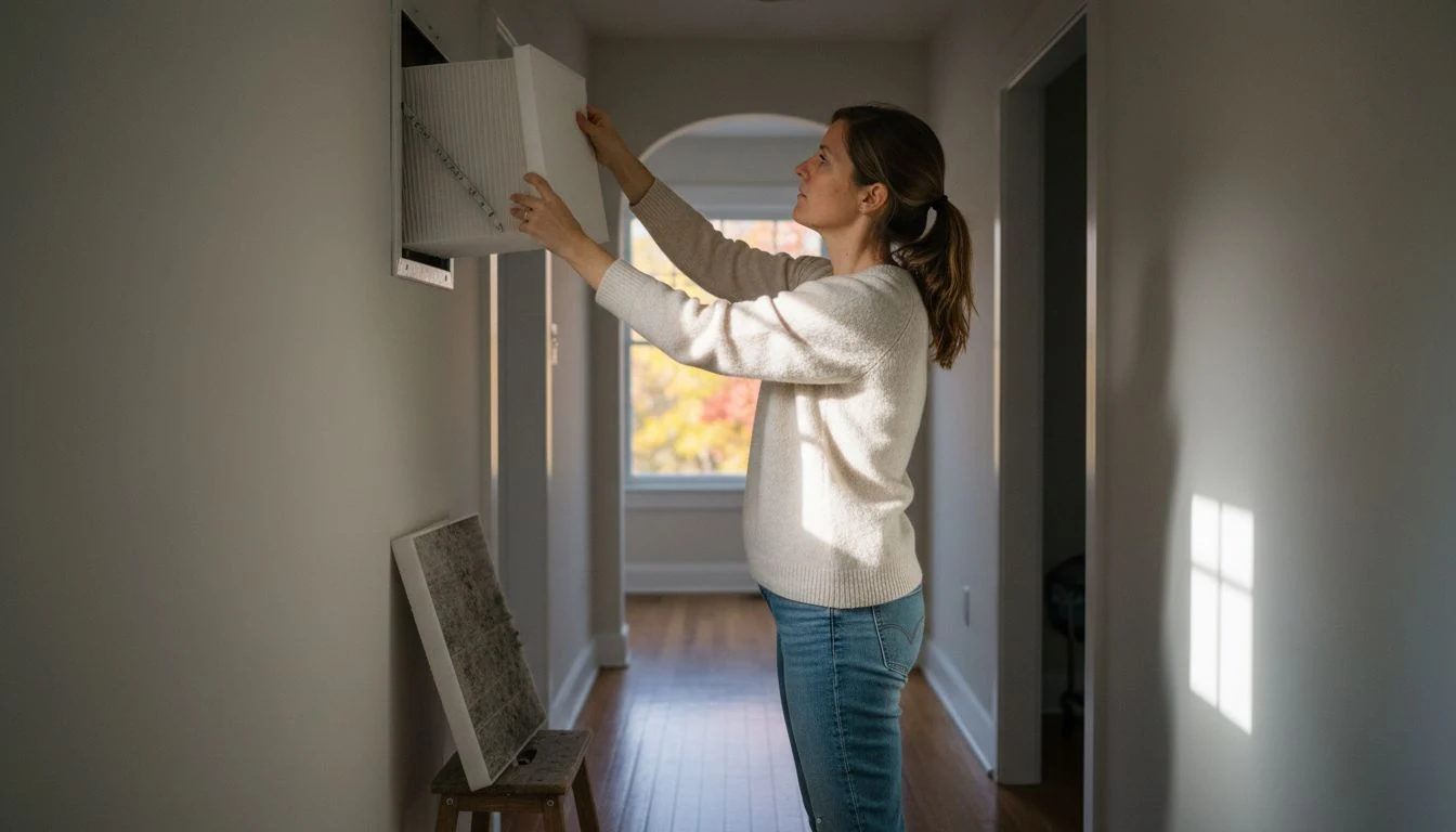 Fall cleaning checklist: a woman sliding a clean pleated furnace filter into a hallway return-air vent, the grey dust-caked old filter resting on a stool below, autumn leaves through the window - The Calm Roost