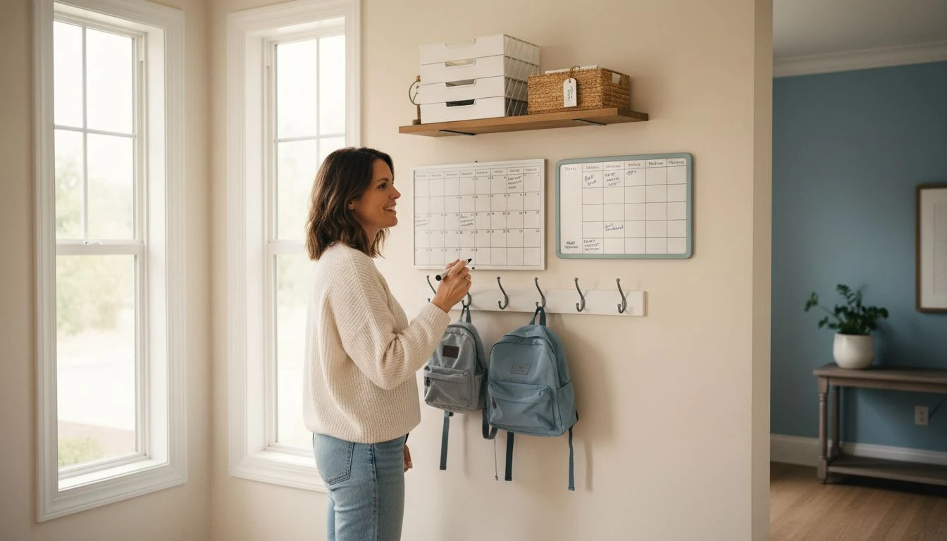 A mom writing on the wall calendar of her family command center with two backpacks on hooks by a bright entryway