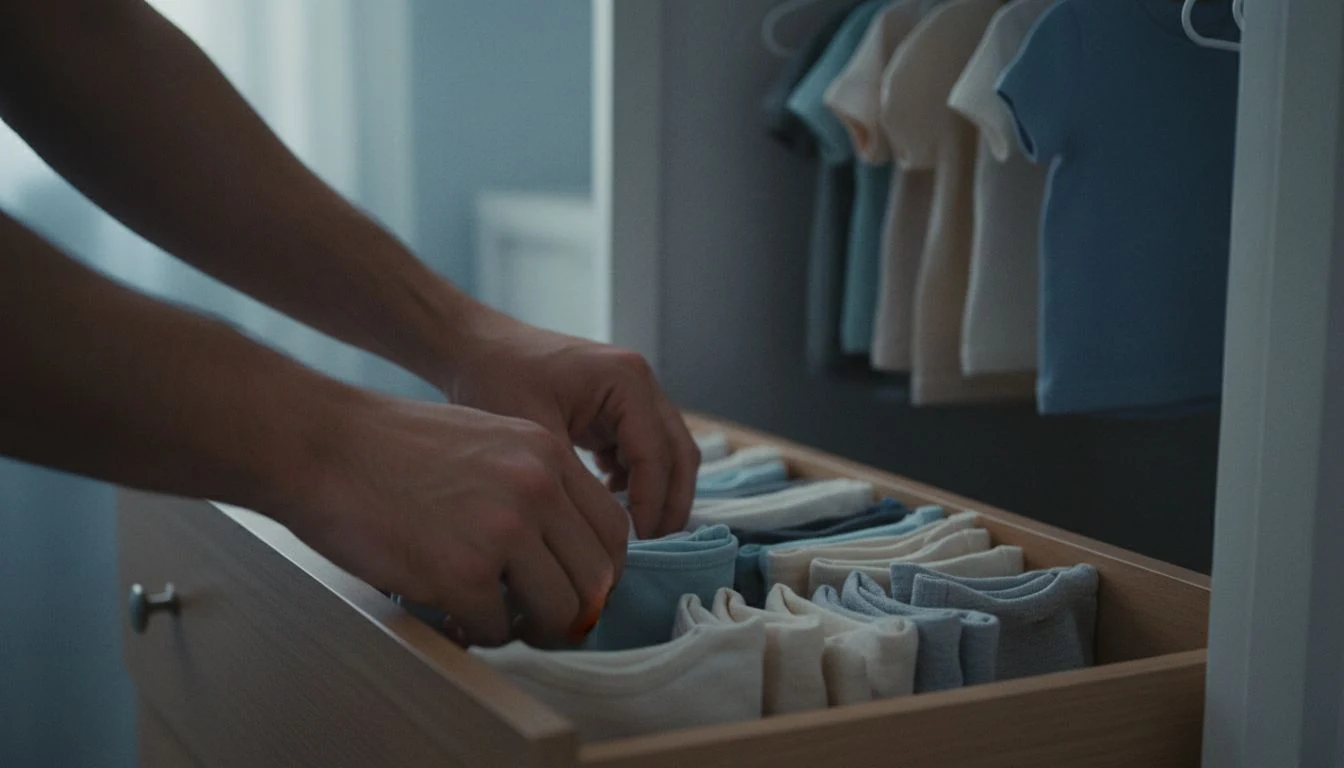 Kids clothes organization: a parent's hands filing small folded t-shirts upright into an open dresser drawer, tiny garments on child-height hangers in the closet behind