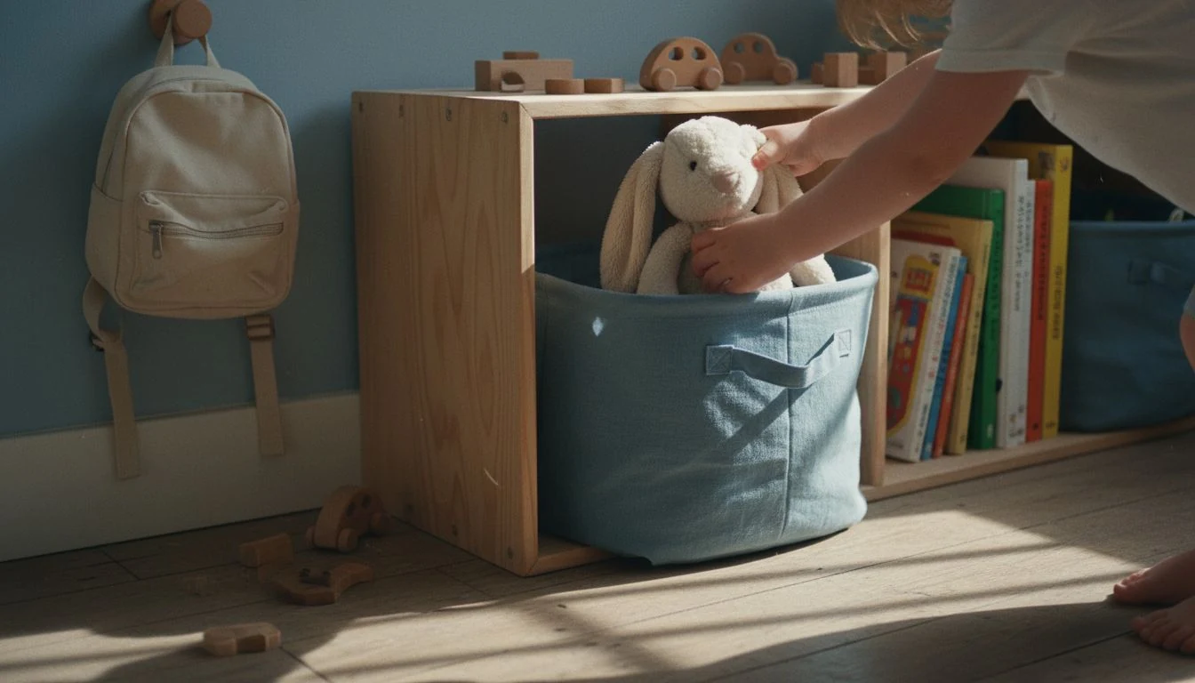 Kids room organization ideas: a child puts a stuffed rabbit into an open bin in a low cubby shelf, with a backpack on a low hook and books front-facing