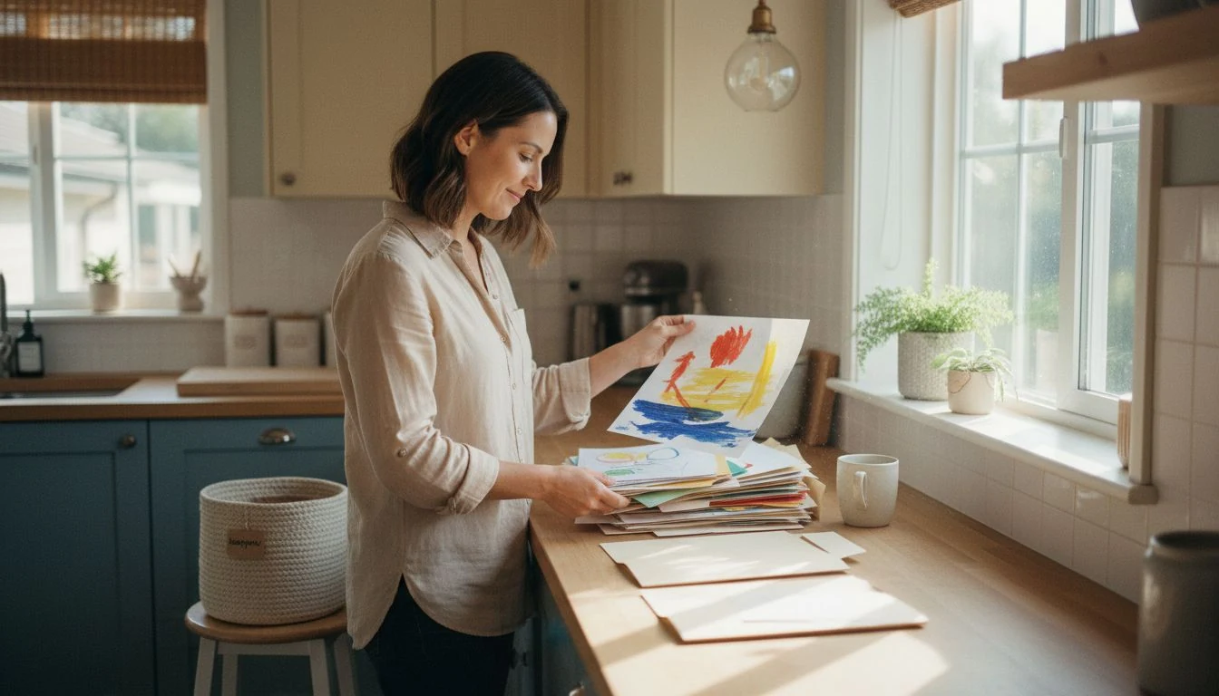 Kids school paperwork organization: a mother calmly sorting children's school papers and artwork into folders