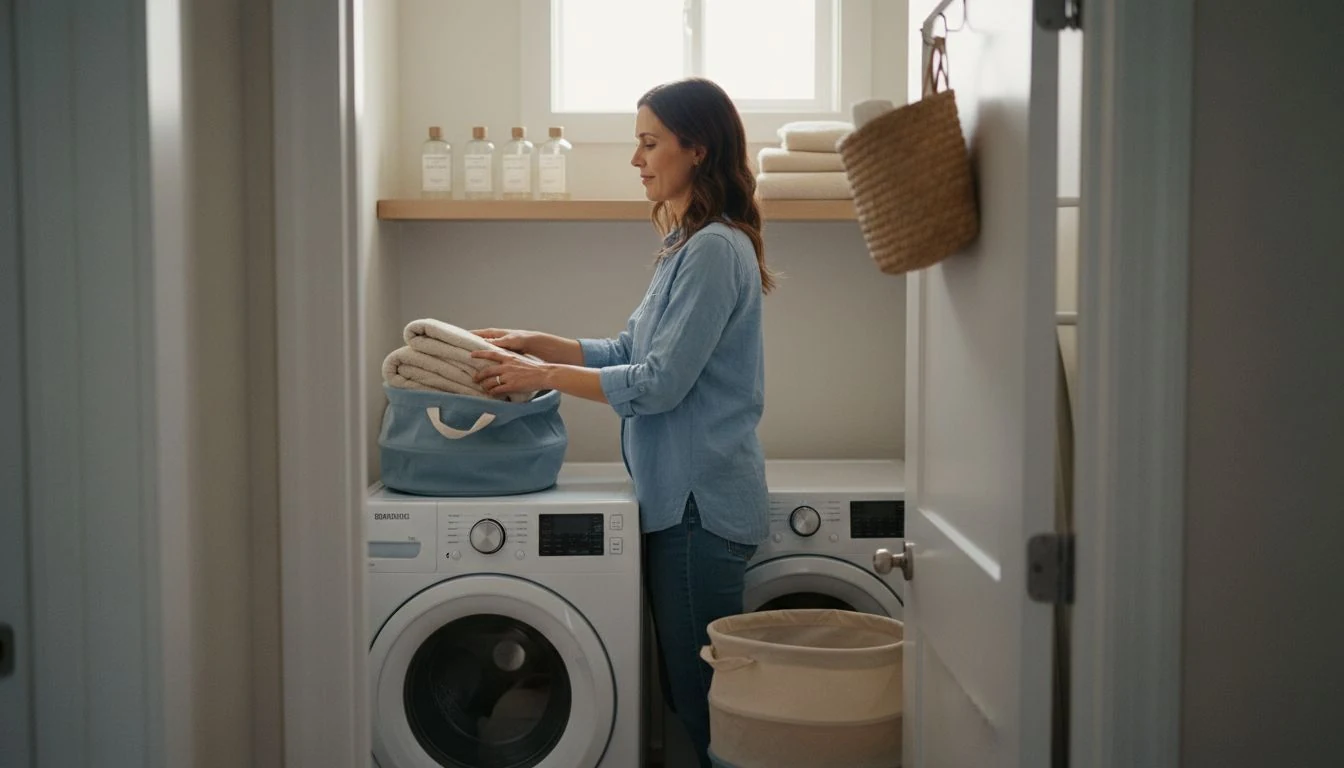 Woman organizing a small laundry room closet with floating shelves and canvas bins for laundry room organization