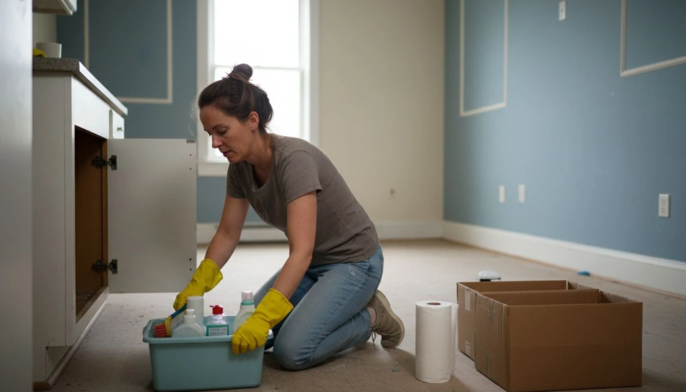 Moving out cleaning checklist: a woman in rubber gloves scrubbing an empty kitchen cabinet in a bare rental apartment on move-out day - The Calm Roost