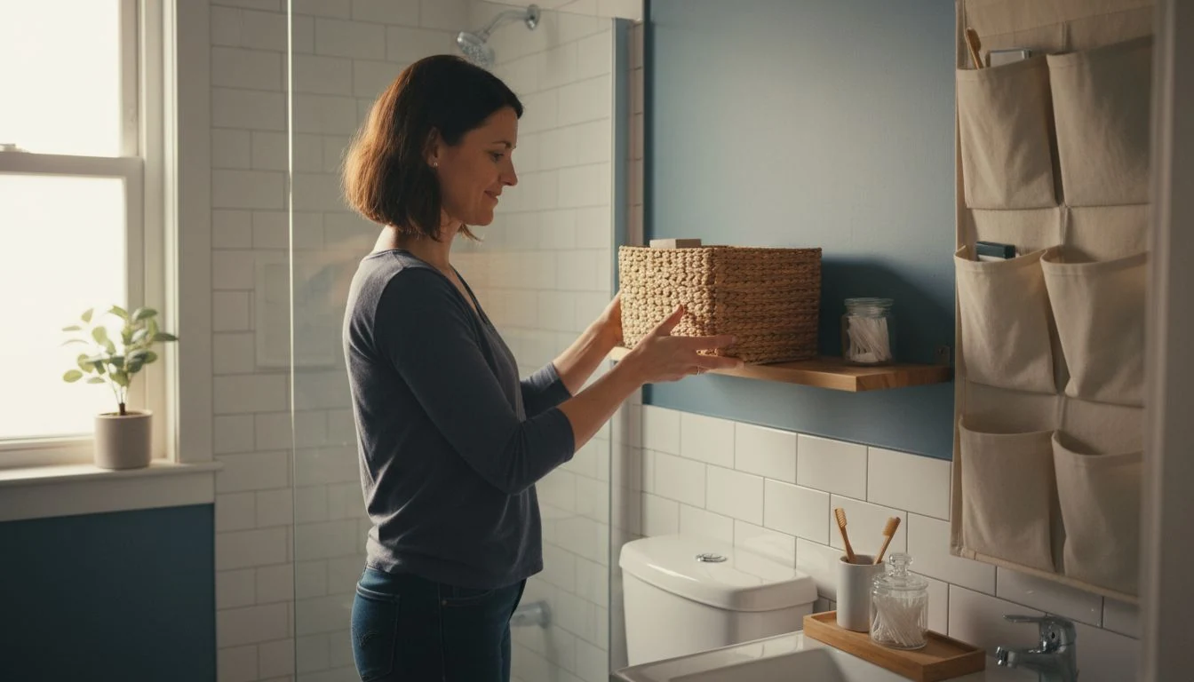 Bathroom organization ideas: a tidy small bathroom with baskets on a shelf, jars on the counter, and an over-the-door caddy