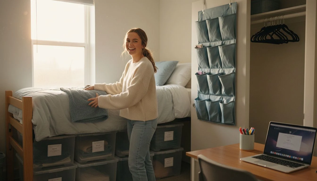 Dorm room organization: a tidy small dorm with raised bed and under-bed bins, an over-the-door organizer, and a neat desk