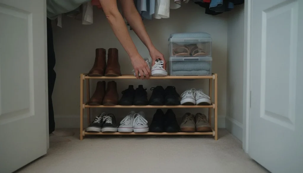 Shoe storage ideas for the closet floor: hands setting sneakers onto a two-tier wooden shoe rack holding seven pairs, clear shoe boxes on the shelf above - The Calm Roost
