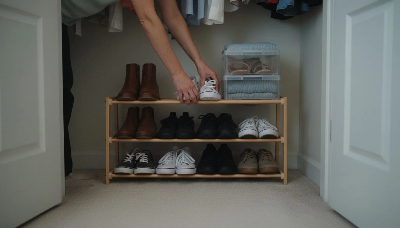 Shoe storage ideas for the closet floor: hands setting sneakers onto a two-tier wooden shoe rack holding seven pairs, clear shoe boxes on the shelf above - The Calm Roost
