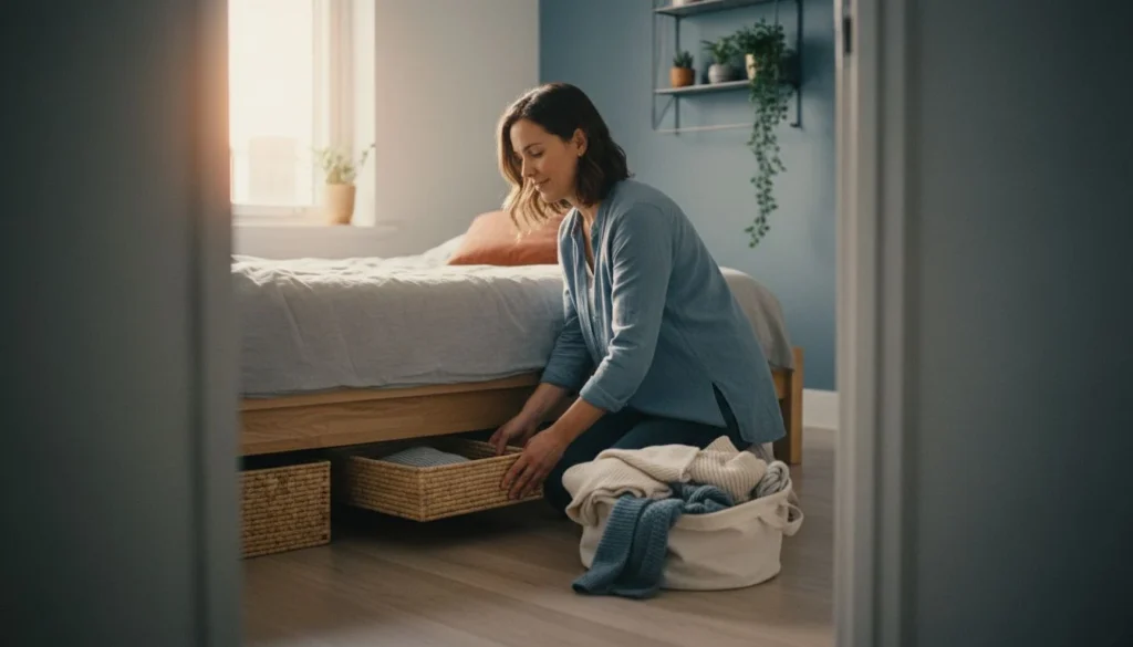 Storage ideas for small spaces: a woman slides a woven basket under her bed in a small calm bedroom