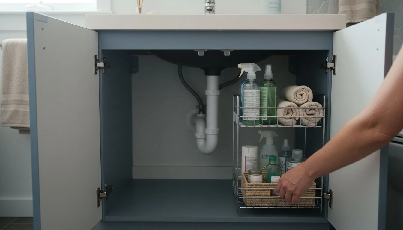 Under sink storage ideas: an open bathroom vanity with a two-tier organizer fitted around the drain pipe