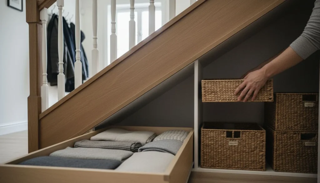 Under stairs storage ideas: a wide pull-out drawer of folded blankets beneath a wooden staircase, with labelled woven baskets stacked in the sloped cavity beside it - The Calm Roost