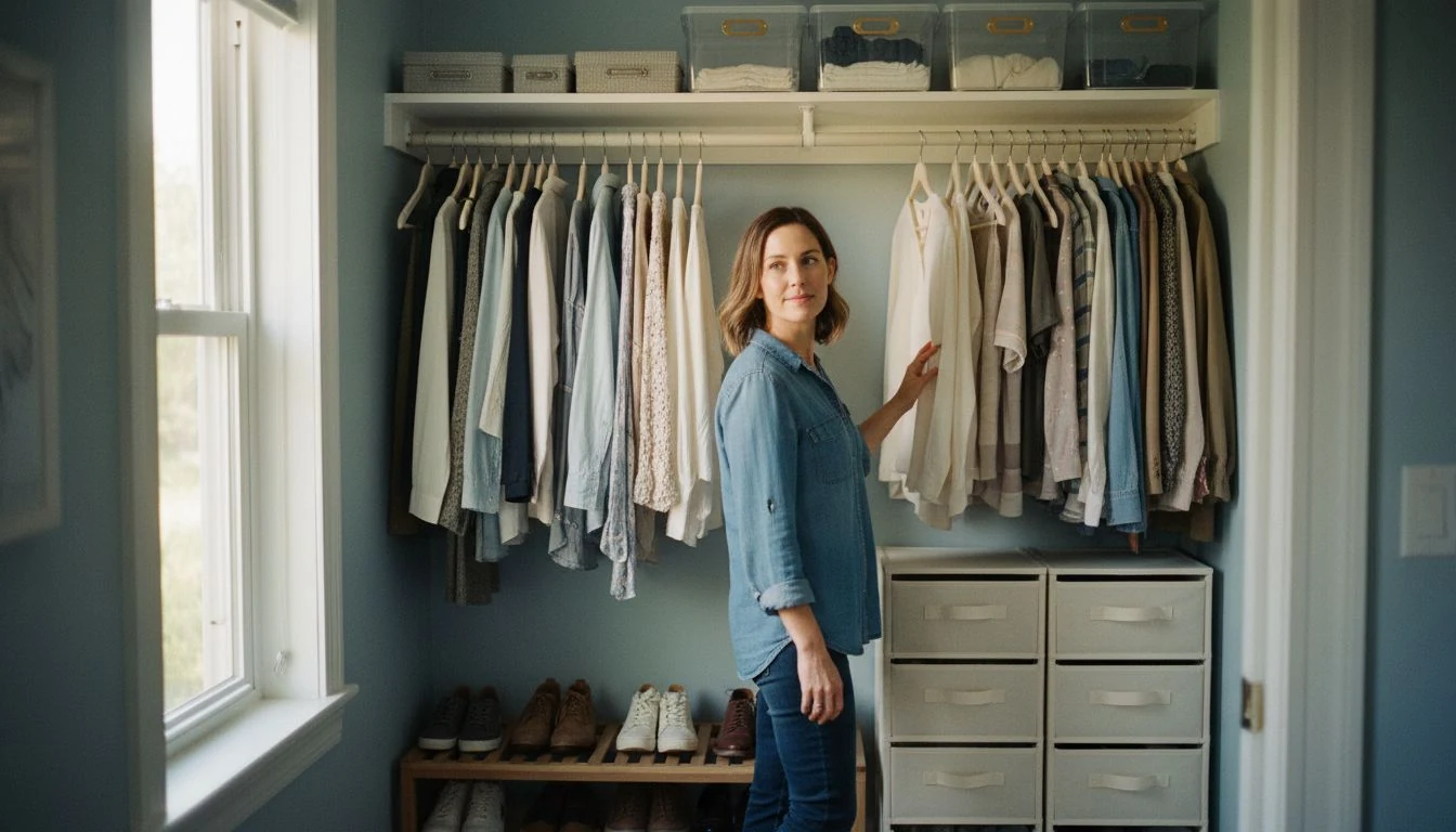 Walk in closet organization on a budget with slimline hangers, stackable drawers and labeled bins