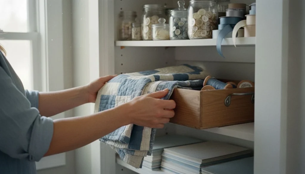 Craft closet organization: hands sliding a shallow project bin holding a half-finished quilt top and thread spools onto a hallway closet shelf, jars of buttons and ribbon rolls above - The Calm Roost