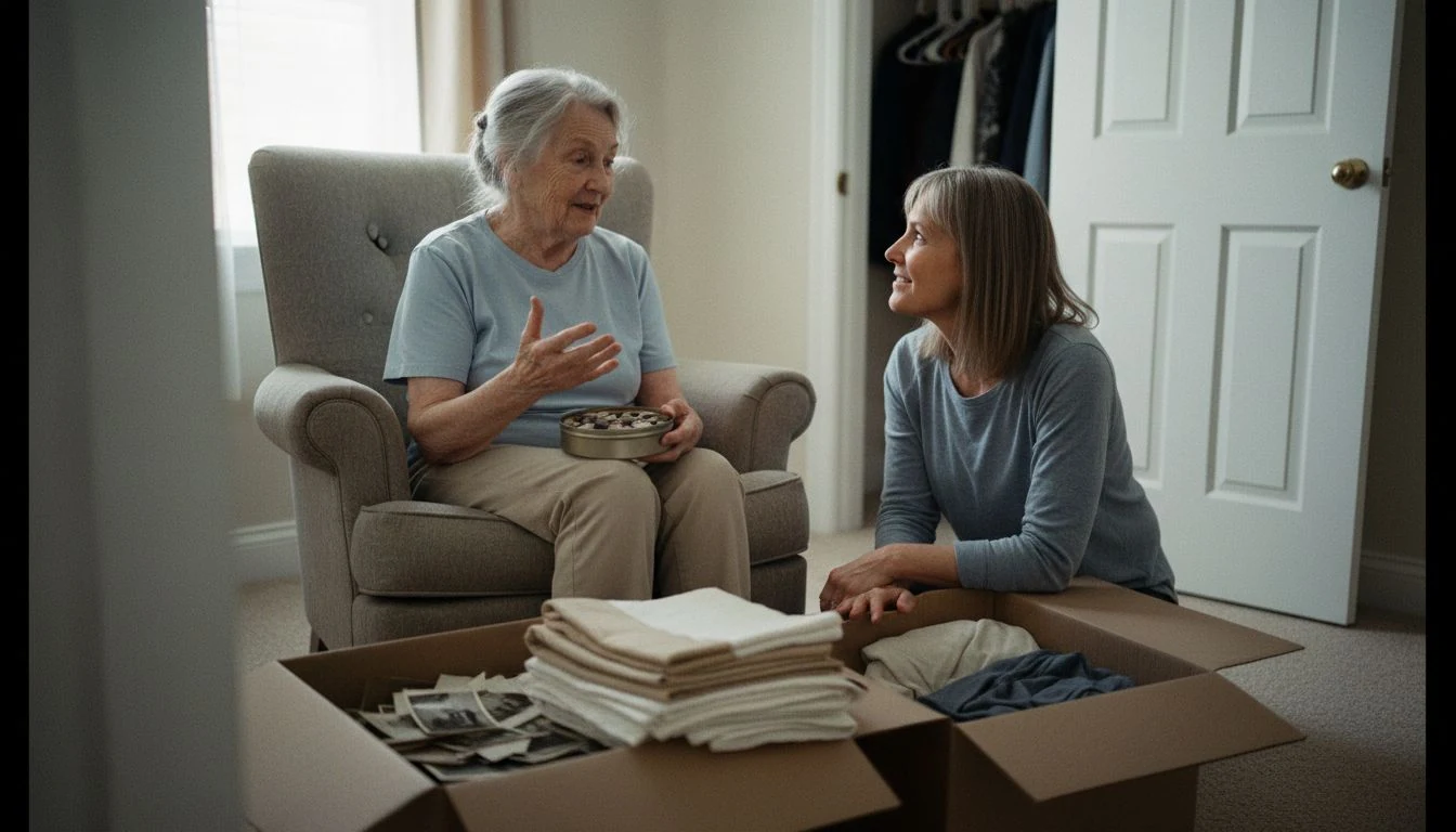 Decluttering tips for seniors: an older woman in an armchair holding an open tin of buttons while her adult daughter kneels beside open cardboard boxes of linens and photographs in a spare bedroom - The Calm Roost