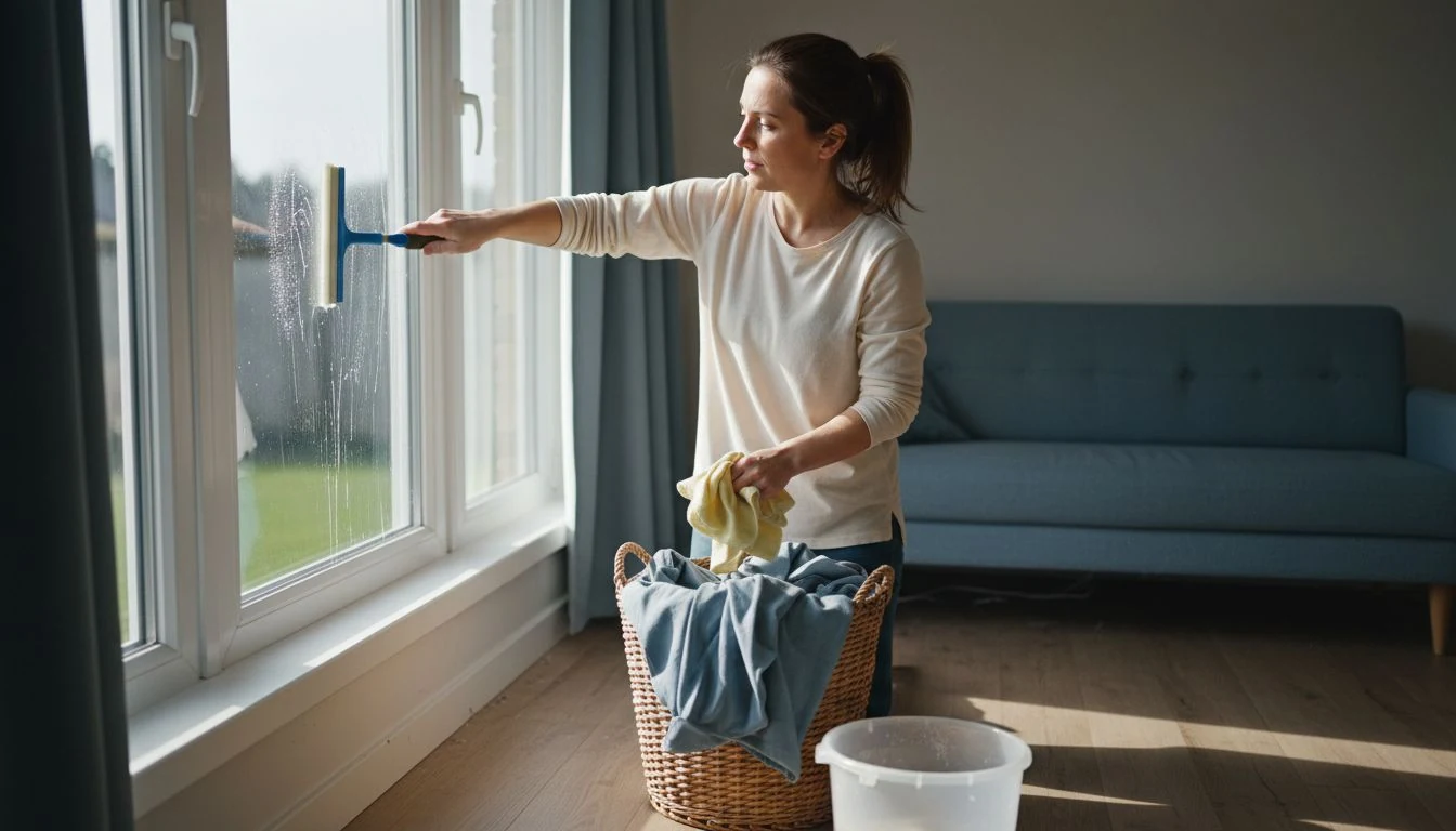 Deep cleaning schedule in action: a woman squeegeeing the inside of a living-room window with the curtains taken down in a wicker basket at her feet and a bucket of soapy water on the floor - The Calm Roost