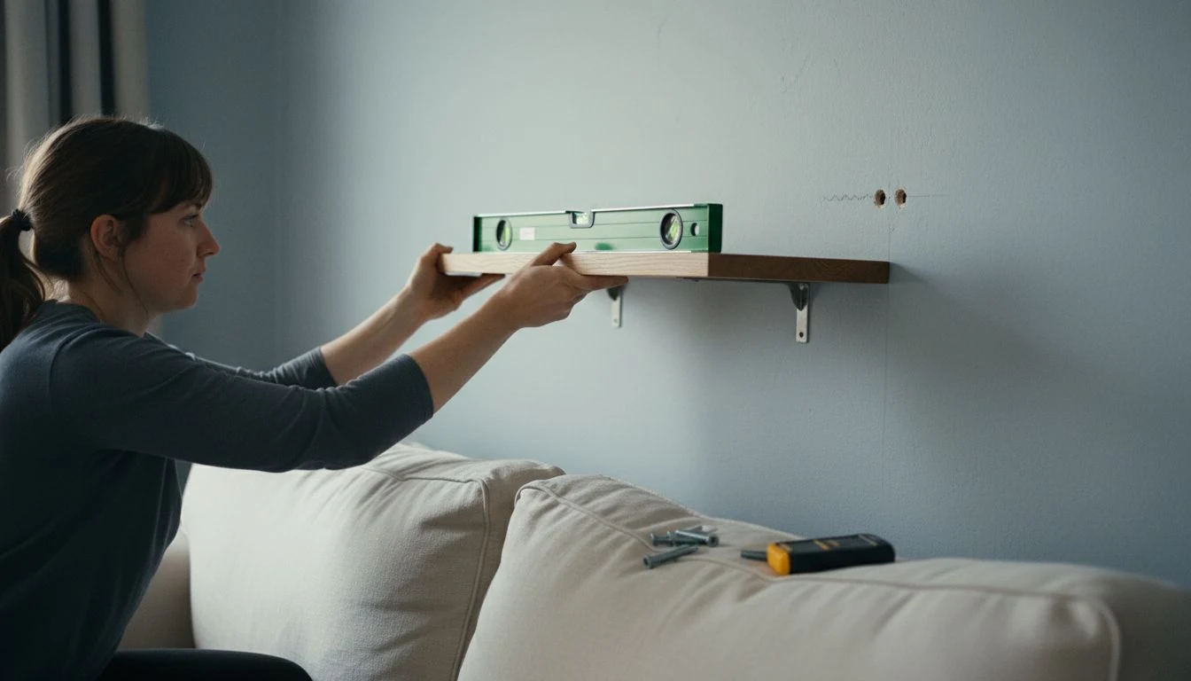 Floating shelves for small spaces: a woman holding a spirit level on a wooden shelf as she fits it onto the wall brackets above a linen sofa in a pale blue living room - The Calm Roost