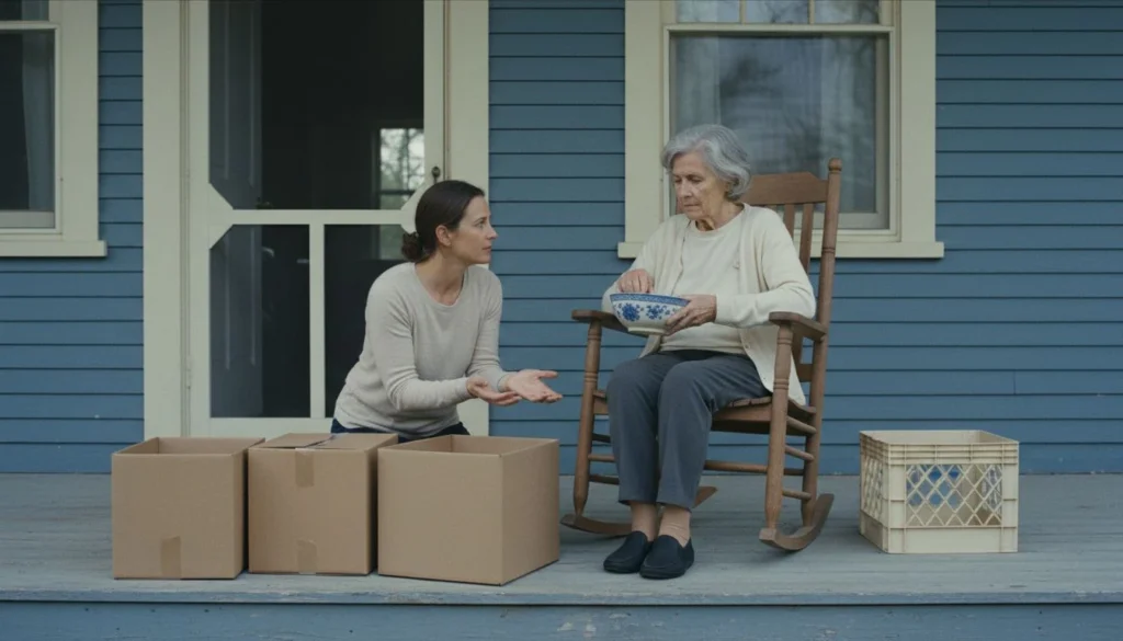 Hoarding cleanup done with consent: an older woman in a rocking chair on her front porch holds a blue patterned bowl as she decides whether to keep it, while a helper kneels beside her with open empty hands and plain cartons wait on the porch boards.