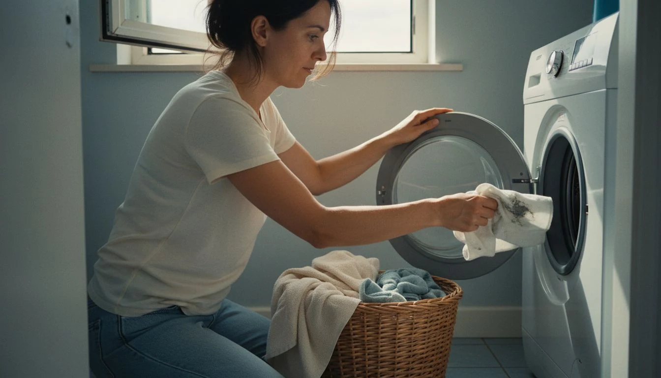 How to make your house smell good all the time: a woman kneeling at an open front-loading washing machine, wiping grime out of the fold of the rubber door seal in a pale blue laundry alcove - The Calm Roost