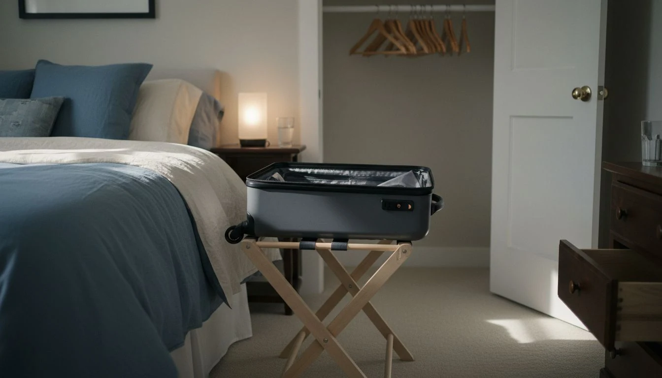 How to prepare your home for holiday guests: an open empty suitcase on a folding luggage rack at the foot of a made bed in a small guest room, an open closet with bare wooden hangers behind it - The Calm Roost