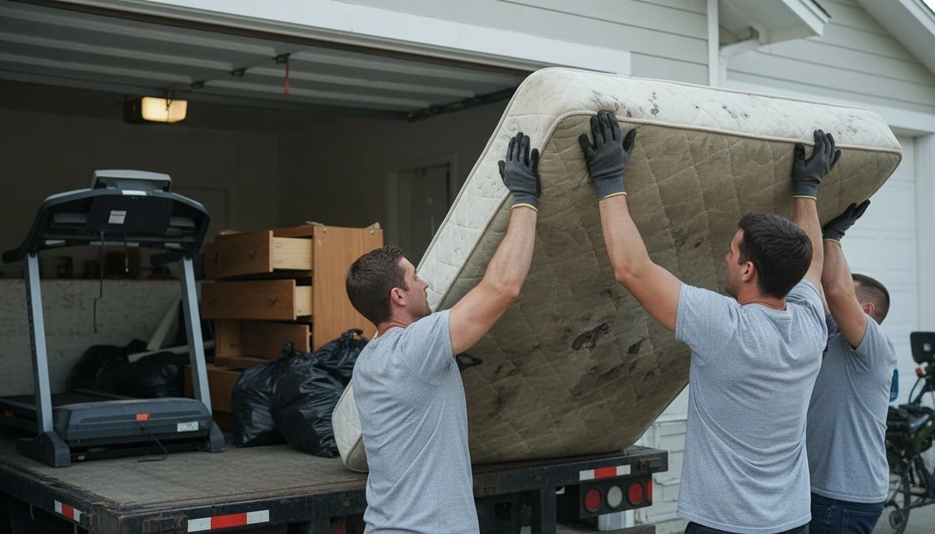 Junk removal cost in practice: two workers in gloves loading a stained mattress and a broken dresser into the open bed of a hauling truck in a suburban driveway - The Calm Roost